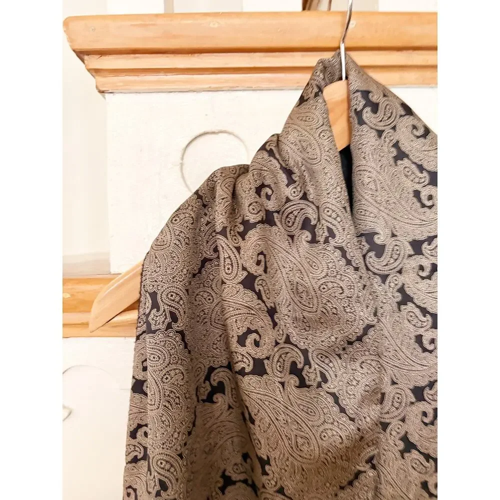 Splendore Reversible Silk Wool Scarf Made Italy Brown Black Paisley Fringe Wrap